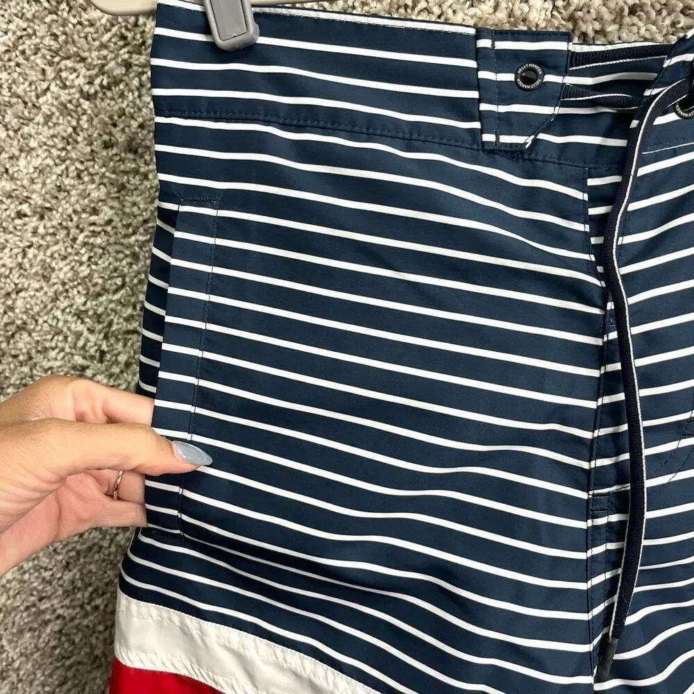 Helly Hansen Swim Trunks Men’s‎ 30 Navy Blue, Red and White Striped 8”